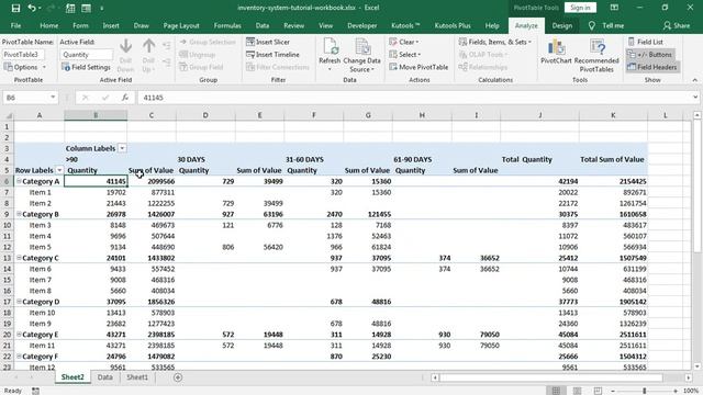 how to create a pivot table Stock aging analysis using excel