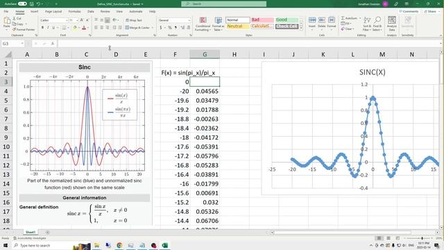 Write your own Function in Excel: SINC(X)