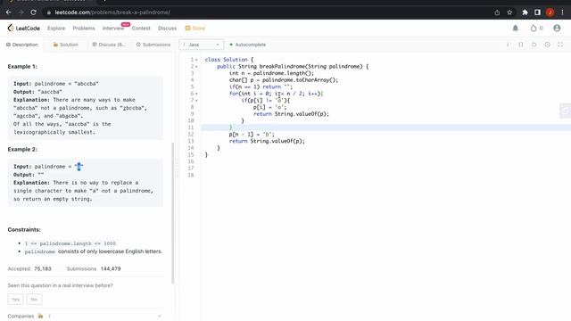 Leetcode 1328 Break a Palindrome ( Java Solution ) смотреть онлайн