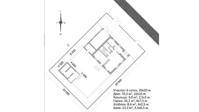 Планировка участка 6 соток и проект дома 10х10 с пристроенным гаражом. Улица с северо-востока. смотреть онлайн