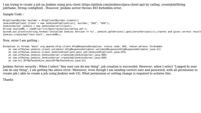 Jenkins Server throws 403 while accessing rest api or using jenkins java client to create job смотреть онлайн