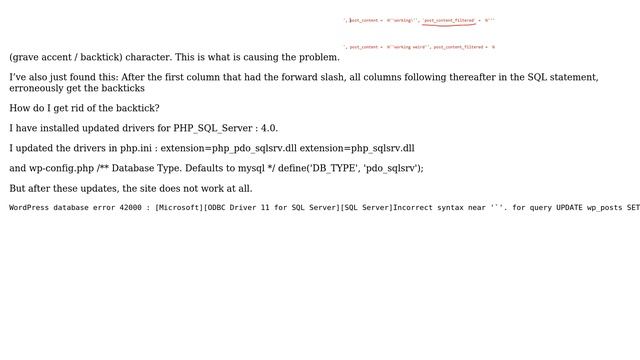 Wordpress: Backtick (MySQL norm) added to SQL Server Query causing error смотреть онлайн