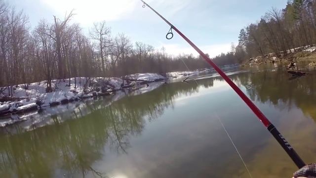 Ловля щуки ранней весной. Со спиннингом на реке. Видео отчет от 18.03.2015 г.