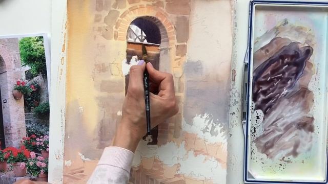 Рисуем акварелью: дворик в цветах