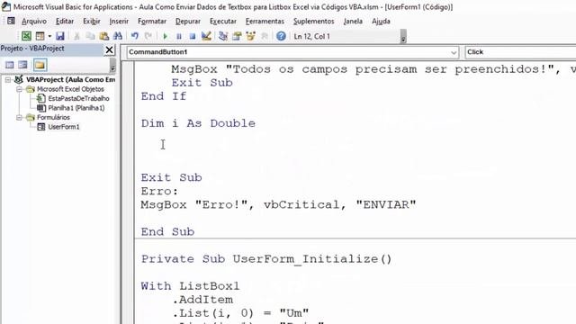 Como ENVIAR Dados De TEXTBOX Para Listbox Excel Via Códigos VBA