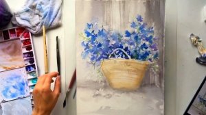 Цветы в корзинке акварелью