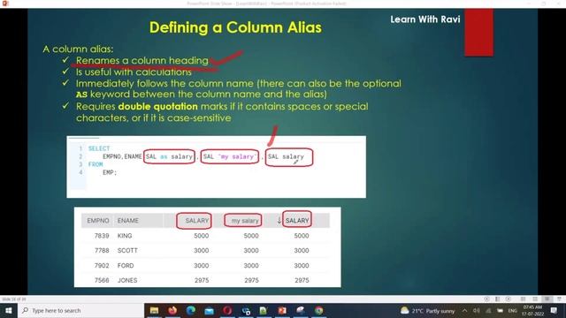 Snowflake Tutorial in Telugu 10 : Snowflake SQL column alias and concatination examples #snowflake