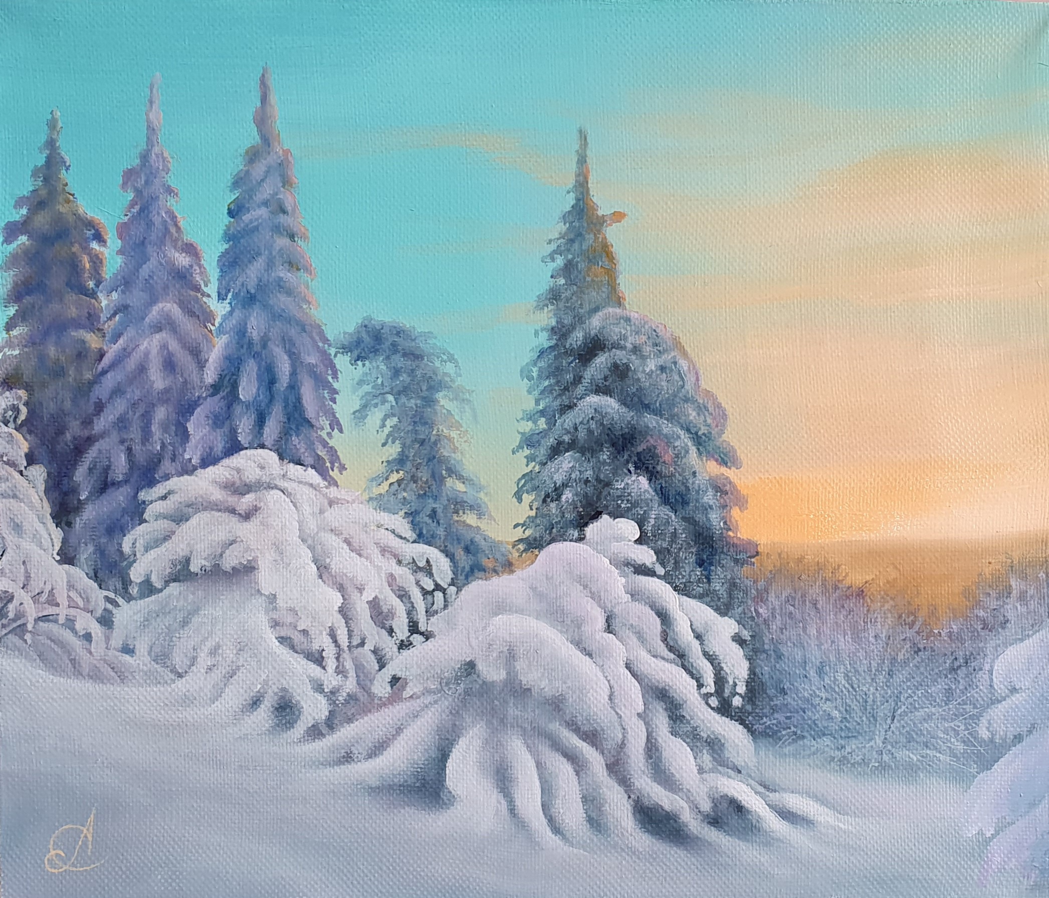 Ельник на склоне в снегу маслом смотреть онлайн