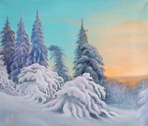 Ельник на склоне в снегу маслом