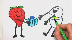 Рисуем и раскашиваем веселые фрукты - клубничка дарит подарок киви \\ Рисование для девочек!