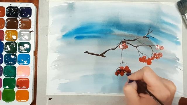 Как нарисовать веточку рябины зимой, акварельными красками. Мастер класс, рябина в снегу.