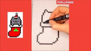 Новогодний Кот Пушин в Носке Как рисовать по клеточкам Простые рисунки How to Draw Cat Pixel Art
