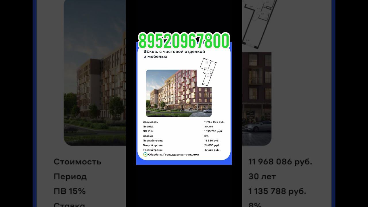 Квартира с чистовой отделкой и мебелью планировка 3 евро ипотека господдержка 8% ипотека траншами