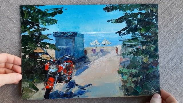 Motorbike on a beach – Seascape Painting – ocean Original Painting for sale – Artist Marina Chuchko смотреть онлайн