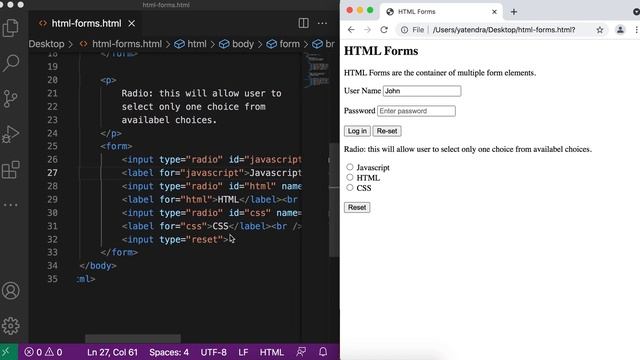 Allow user to select one or multiple choice, radio checkbox reset button | HTML Forms | Let's Learn