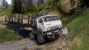 КамАЗ с огромным полуприцепом ели вписывается в повороты на спуске с перевала. Spintires.mkv