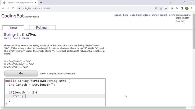 Coding Bat - firstTwo Solution (Java)