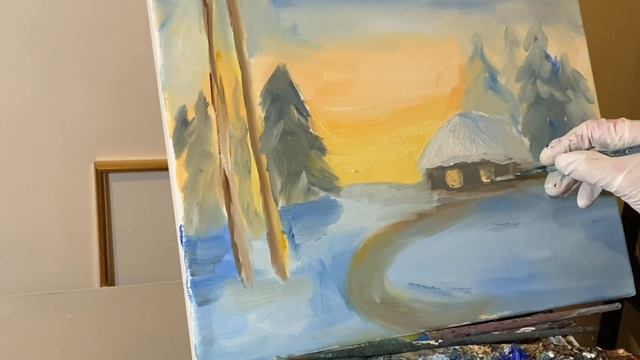 Рисуем зимний пейзаж, полный процесс написания картины маслом! Рисуем снег, деревья и домик в снегу смотреть онлайн