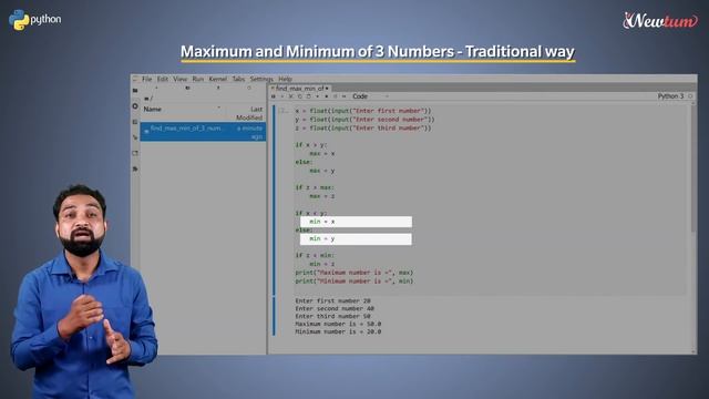Maximum and Minimum of 3 Numbers in Python | Python Practice 1 | Newtum Solutions