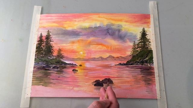 Рисуем пейзаж с закатом, скалами, рекой с камнями и елями акварелью. Мастер класс. Часть 5. смотреть онлайн