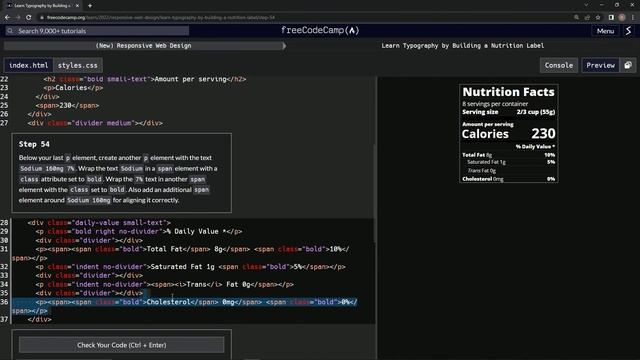 learn2code | freeCodeCamp (New) Responsive Web Design  -  Building a Nutrition Label: Step 54