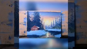 Картина маслом. Свободная копия с картины Михаила Сатарова. Зимний пейзаж с закатом.