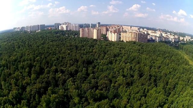 Полёт над Опалиховским лесопарком у лесного озера.