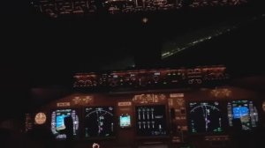 Красивый вид из кабины пилота самолета Boeing. Посадка большого грузового авиалайнера