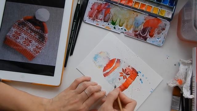 Урок акварели. Новогодняя открытка. Watercolor lesson. Christmas postcard