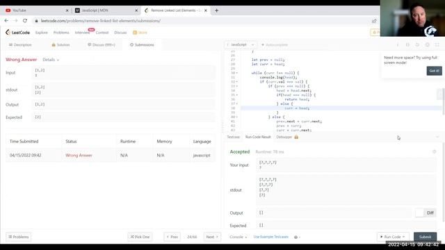 203  Remove Linked List Elements - Javascript - Time: O(n) Space: O(1) - Leetcode