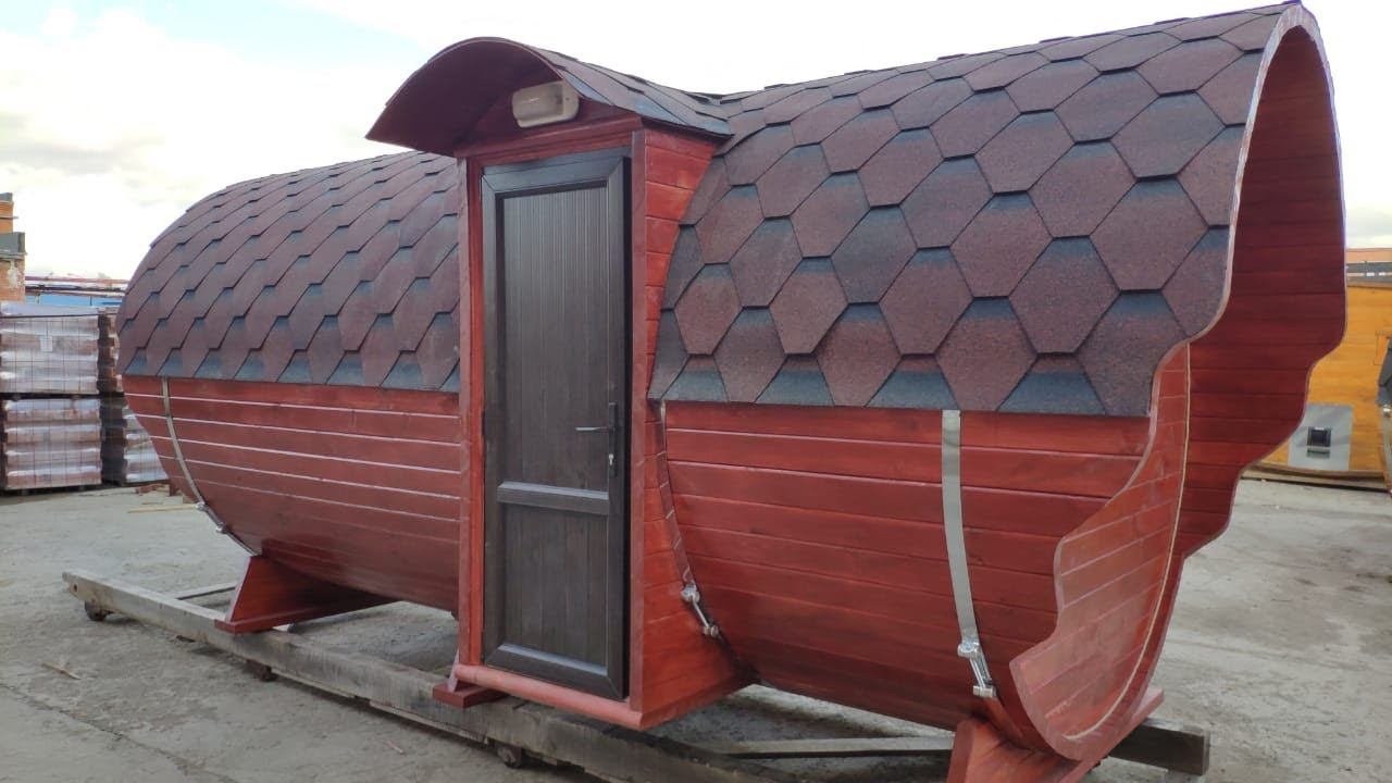 Баня бочка 4 метра с двумя козырьками. Очень практично и красиво