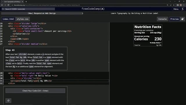 learn2code | freeCodeCamp (New) Responsive Web Design  -  Building a Nutrition Label: Step 43