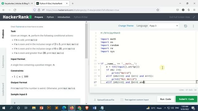 Pythoin-if else | HackerRank Problem | Python Solution
