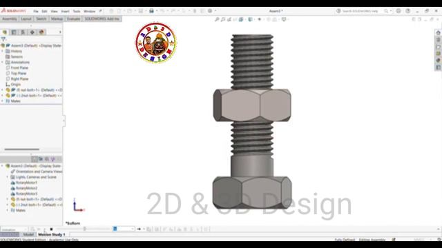Solidworks Nut and Bolt, Thread Feature and Animation#drawing #3d#2d #trending #shortvideo