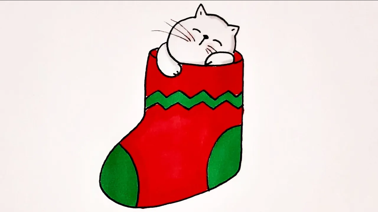 КАК НАРИСОВАТЬ КОТИКА В НОВОГОДНЕМ САПОЖКЕ_HOW TO DRAW A CAT IN A NEW YEAR'S BOOT