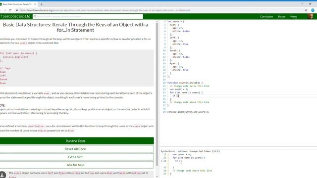Basic Data Structures  Iterate Through the Keys of an Object with a for   in Statement 18/20FreeCod