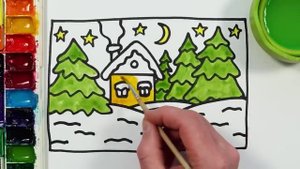 Рисуем Новогодний пейзаж фломастерами. Рисование для детей