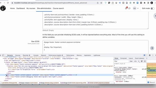 How to DISPLAY and EDIT the site FOOTER in the Boost theme using CSS for MOODLE 4.0