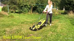 Ryobi 1300W Lawn Mower. Young blond girl and Ryobi.  Easy work..