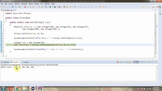 How to use binarySearch(Object[] a, int fromIndex, int toIndex, Object key) method of Arrays?