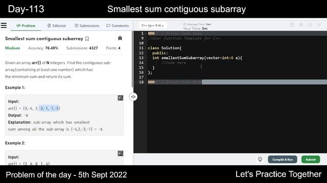 Smallest sum contiguous subarray | gfg POTD 5th September | Let's Practice Together | POTD смотреть онлайн