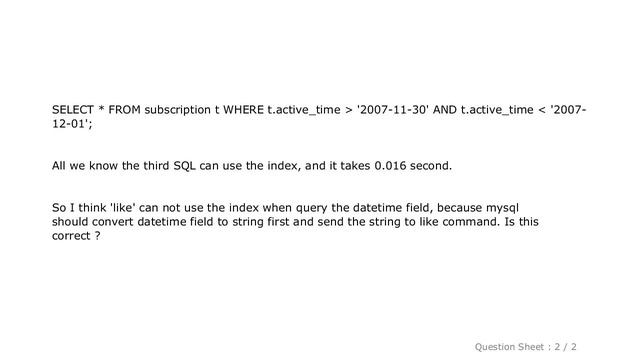 MySQL : mysql datetime field with index get a range 'like' vs. 'between and' performance смотреть онлайн