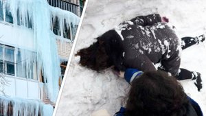 Гигантские глыбы льда падают на людей, снежные лавины сносят пешеходов. Битва с сосульками в России