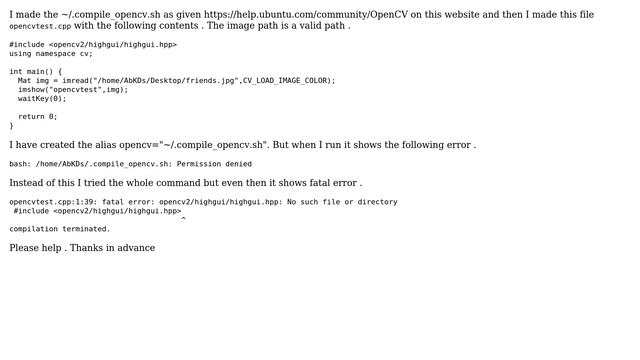 Ubuntu: Cannot ccompile the basic opencv cpp program