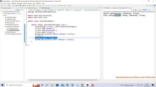 java program to add element at specific index in arraylist