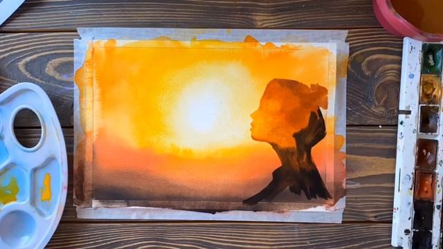 Как нарисовать акварельный закат, свечение заходящего солнца, силуэт девушки