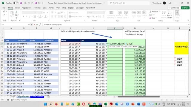 Average Daily Revenue using Dynamic Array Function with Traditional Array Functions