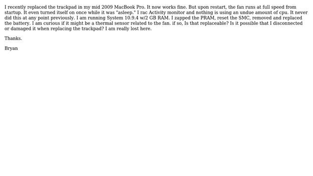 Mid 2009 MacBook Pro fan runs at full speed from startup