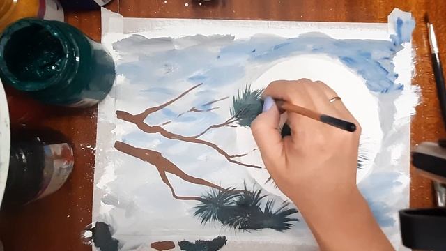 Рисуем ветка ели под луной. Как нарисовать зимний пейзаж легко. Правополушарное рисование. смотреть онлайн