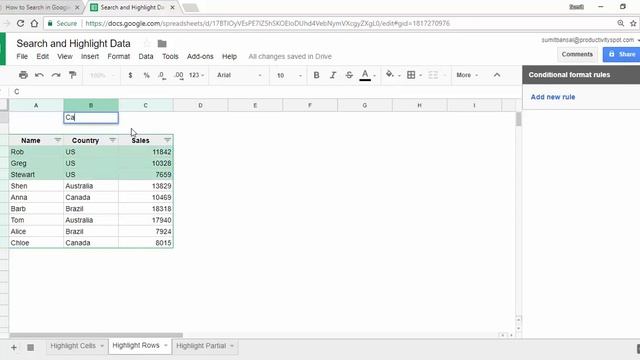 Search and Highlight Data in Google Sheets